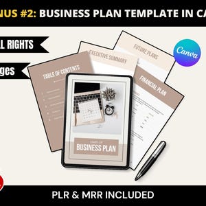 May include: A digital business plan template in Canva, featuring a tablet displaying a business plan layout. The image includes documents labeled "Executive Summary," "Financial Plan," and "Future Plans." Text includes "+ Resell Rights," "17 Pages," and "PLR & MRR Included."