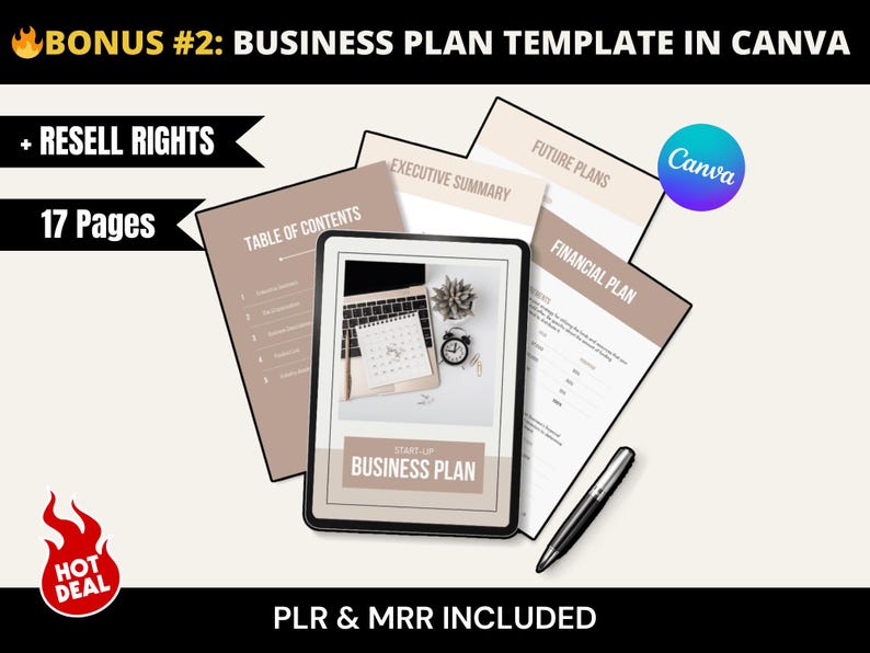 May include: A digital business plan template in Canva, featuring a tablet displaying a business plan layout. The image includes documents labeled "Executive Summary," "Financial Plan," and "Future Plans." Text includes "+ Resell Rights," "17 Pages," and "PLR & MRR Included."