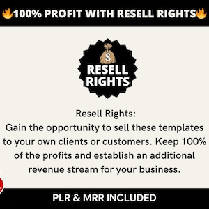 May include: Image with text: "100% PROFIT WITH RESELL RIGHTS." A black emblem with "RESELL RIGHTS" text and a money bag icon. Text: "Gain the opportunity to sell these templates to your own clients or customers." A "HOT DEAL" graphic is also present.