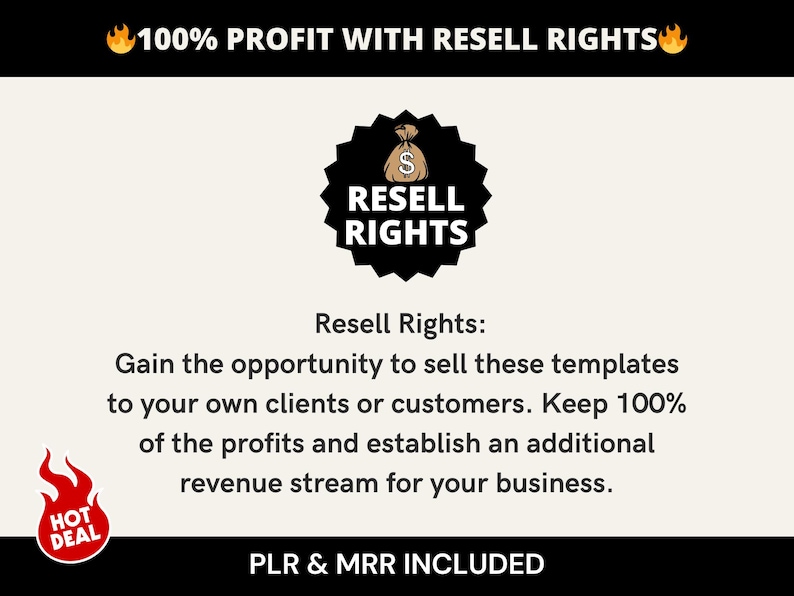 May include: Image with text: "100% PROFIT WITH RESELL RIGHTS." A black emblem with "RESELL RIGHTS" text and a money bag icon. Text: "Gain the opportunity to sell these templates to your own clients or customers." A "HOT DEAL" graphic is also present.