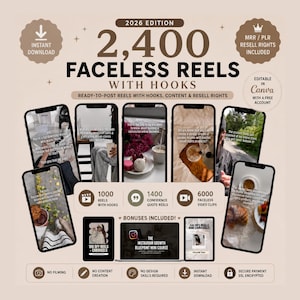 Könnte beinhalten: Ein digitales Marketing-Paket mit dem Titel 2026 Edition 2,400 Faceless Reels With Hooks. Die Grafik zeigt mehrere Smartphone-Bildschirme mit Videoinhalten, Symbole für 1000 Reels, 1400 Zitat-Reels, 6000 Videoclips und Bonus-Kursmaterialien.