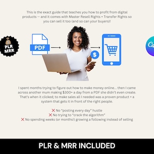 以下が含まれることがあります： PLRとMRRを使用したデジタル製品販売のプロモーション画像。ラップトップと電話を持つ女性、PDFアイコン、ショッピングカート、Canvaのロゴが表示されています。「PLR & MRR INCLUDED」と「HOT DEAL」のテキストが含まれています。