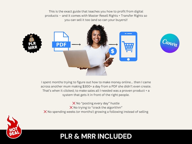 以下が含まれることがあります： PLRとMRRを使用したデジタル製品販売のプロモーション画像。ラップトップと電話を持つ女性、PDFアイコン、ショッピングカート、Canvaのロゴが表示されています。「PLR & MRR INCLUDED」と「HOT DEAL」のテキストが含まれています。