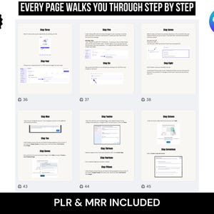 以下が含まれることがあります： 「EVERY PAGE WALKS YOU THROUGH STEP BY STEP」と「PLR & MRR INCLUDED」のテキストが入った白いグラフィック。画像は、番号付きの手順とスクリーンショットによるステップバイステップガイドを示しています。「HOT DEAL」グラフィックが左下にあります。
