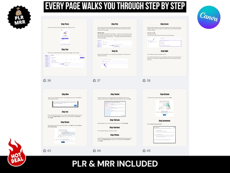 以下が含まれることがあります： 「EVERY PAGE WALKS YOU THROUGH STEP BY STEP」と「PLR & MRR INCLUDED」のテキストが入った白いグラフィック。画像は、番号付きの手順とスクリーンショットによるステップバイステップガイドを示しています。「HOT DEAL」グラフィックが左下にあります。