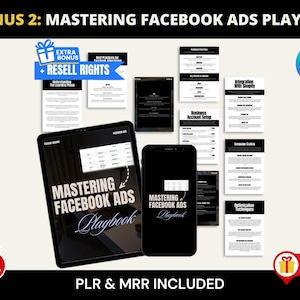 以下が含まれることがあります： Facebook広告プレイブックを宣伝する画像。画像には、「Mastering Facebook Ads Playbook」というタイトルが表示されたタブレットとスマートフォンが写っています。追加のドキュメントとボーナスオファーも表示されています。