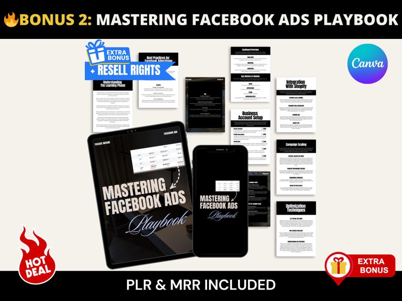 以下が含まれることがあります： Facebook広告プレイブックを宣伝する画像。画像には、「Mastering Facebook Ads Playbook」というタイトルが表示されたタブレットとスマートフォンが写っています。追加のドキュメントとボーナスオファーも表示されています。