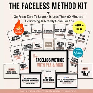 May include: The Faceless Method Kit includes multiple digital guides, checklists, and templates for digital marketing. The collection features titles like Building Your Brand, Email Marketing, and Digital Product Mastery, with 2026 Edition and MRR + PLR labels.