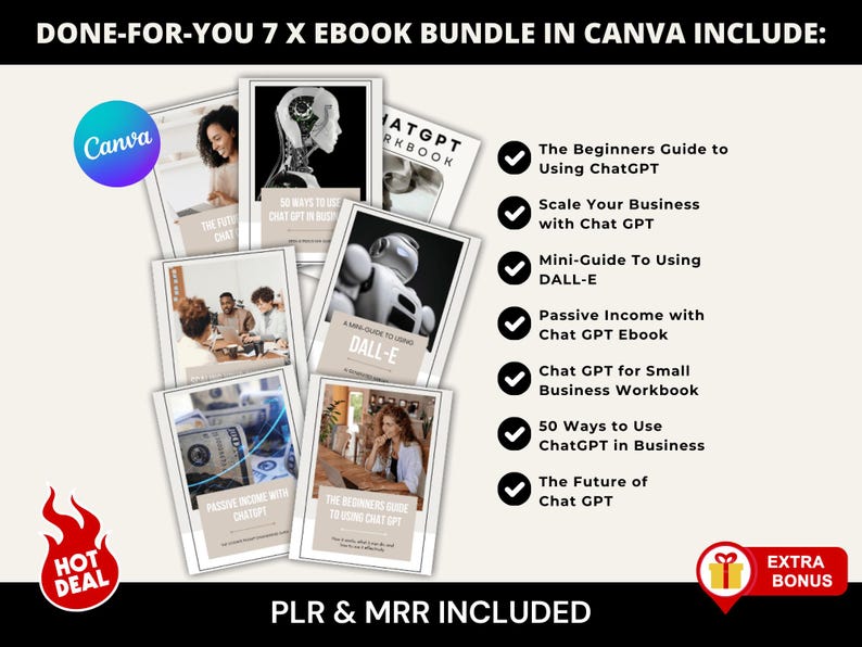 May include: A bundle of seven ebooks with titles including "The Beginners Guide to Using ChatGPT" and "Passive Income with Chat GPT Ebook." The image features a "Hot Deal" and "Extra Bonus" graphic.