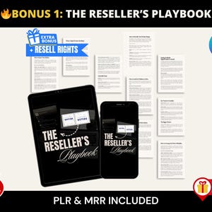 以下が含まれることがあります： 「The Reseller's Playbook」というタイトルのデジタルマーケティング製品が、タブレットとスマートフォンに表示されています。画像には「Resell Rights」と「PLR & MRR Included」というテキストが含まれています。背景には追加のコンテンツページが表示されています。