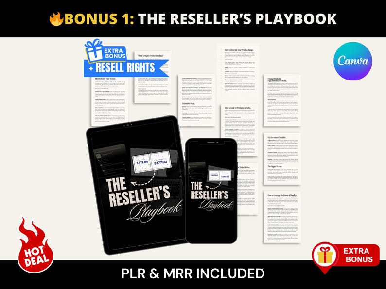 以下が含まれることがあります： 「The Reseller's Playbook」というタイトルのデジタルマーケティング製品が、タブレットとスマートフォンに表示されています。画像には「Resell Rights」と「PLR & MRR Included」というテキストが含まれています。背景には追加のコンテンツページが表示されています。