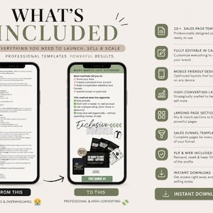 May include: A digital marketing template set featuring two smartphone screens displaying text and graphics, with a list of features on the right including 20+ sales page templates, Canva editability, mobile-friendly layouts, and instant download options.