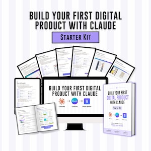 Könnte beinhalten: Ein Starter-Kit für digitale Produkte mit einem Computermonitor, der den Text BUILD YOUR FIRST DIGITAL PRODUCT WITH CLAUDE anzeigt, umgeben von mehreren gedruckten Dokumentenseiten und einem gebundenen Handbuch mit gleichem Titel.