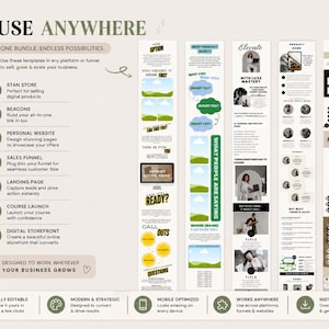 May include: A digital marketing template bundle featuring six vertical layouts with text, image placeholders, and icons. The graphic includes the text 4 USE ANYWHERE, ONE BUNDLE, ENDLESS POSSIBILITIES, and lists platforms like Stan Store, Beacons, and Personal Website.