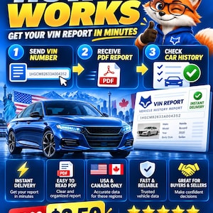 May include: A digital infographic titled HOW IT WORKS featuring a cartoon fox character, a blue sedan, and a VIN report document. The graphic outlines a three-step process for obtaining vehicle history reports, displaying the text USA & CANADA ONLY.