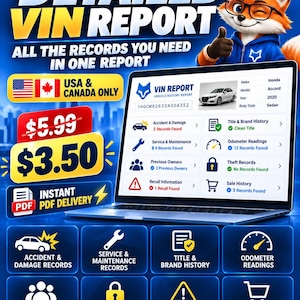 May include: A digital VIN report displayed on a laptop screen, featuring a cartoon fox mascot, text reading DETAILED VIN REPORT, USA & CANADA ONLY, and icons for accident, service, title, odometer, owner, theft, recall, and sale history records.
