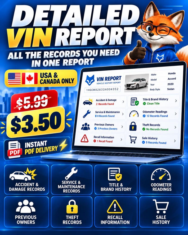 May include: A digital VIN report displayed on a laptop screen, featuring a cartoon fox mascot, text reading DETAILED VIN REPORT, USA & CANADA ONLY, and icons for accident, service, title, odometer, owner, theft, recall, and sale history records.