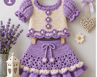 May include: A two-piece crochet outfit consisting of a cream-colored top with puff sleeves and purple floral accents, and a matching purple skirt with a drawstring waist, floral patterns, and a ruffled hem, all displayed on wooden hangers.