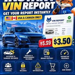 Può includere: Un annuncio digitale per un servizio di report VIN istantaneo con una berlina blu, una mascotte volpe e testo che include "INSTANT VIN REPORT", "USA & CANADA ONLY" e "$3.50". Le icone rappresentano record di incidenti, manutenzione e titoli.