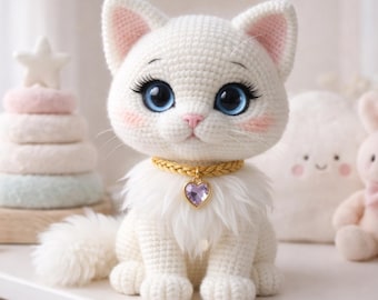 Premium Crochet Cat Pattern, Designer Amigurumi Kitten with Blue Eyes & Gold Heart Pendant, Beginner-Friendly Digital Download