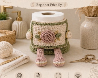 Crochet Toilet Roll Holder Pattern PDF | Amigurumi Bathroom Decor Gold Detail | Instant Download PDF | Housewarming Gift Crochet Pattern