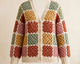 Häkelanleitung für eine quadratische Strickjacke im Oma-Stil (PDF), einfache Häkelanleitung für Pullover in den Größen XS bis 3XL, Patchwork-Strickjacke, digitaler Download