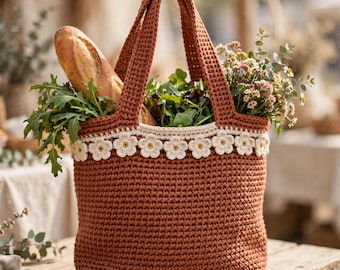 Häkelanleitung für eine Markttasche mit Blumenband (PDF), einfache Häkelanleitung für Anfänger, Strandtasche, digitaler Download