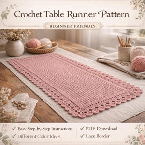 Virkad bordslöpare mönster spets rektangulär löpare lantlig bordsdekor nybörjarvänlig PDF direktnedladdning