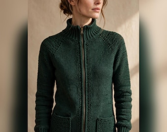 Häkelanleitung für einen Damen-Cardigan mit Reißverschluss (PDF), Größen XS–3XL, Rippstrickjacke, Sofort-Download
