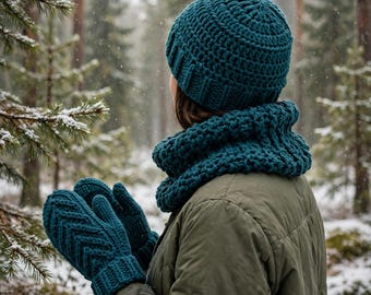 Häkelanleitung für ein Winter-Set: Mütze, Schalkragen und Fäustlinge (PDF), Häkelanleitung für eine Mütze mit Größenangaben, einfaches Winter-Häkelset, digitale Anleitung
