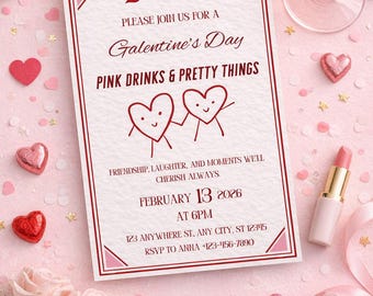 Galentine’s Party Invitation Pink Heart & Bow, Valentine’s or Birthday Invite, Editable Canva Template, Digital Download