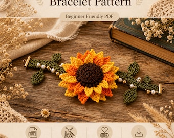 Crochet Sunflower Bracelet Pattern PDF | Adjustable No-Clasp Floral Cord Jewelry | Beginner DIY Friendship Bracelet | Instant Download Gift