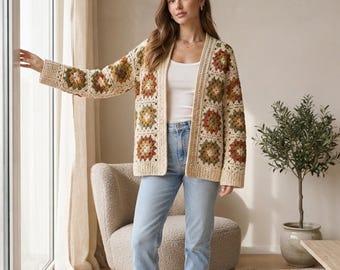 Crochet Granny Square Cardigan Pattern PDF, Meadow Bloom Boho Cardigan, Oversized Crochet Sweater, Floral Granny Jacket, Instant Download