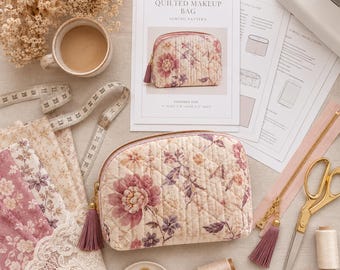 Quilted Zipper Pouch Mackup Sewing Pattern PDF | Luxury Cosmatic Bag Tutorial | Floral Travel Bag | Beginner Friendly | Instant Download