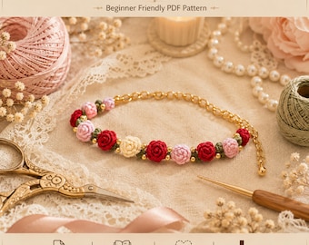 Crochet Rose Bracelet Pattern PDF | Rose Vine Wristband | Quick Mother's Day Gift | Vintage Lace Style Jewelry | Crochet Flower Bracelet
