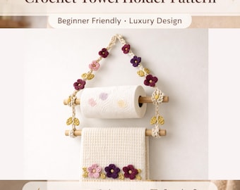 Crochet Towel Holder Pattern – Low-Sew Boho Bathroom Decor with Wooden Dowels, Waffle Stitch Kitchen Towel Topper, PDF Instant Download