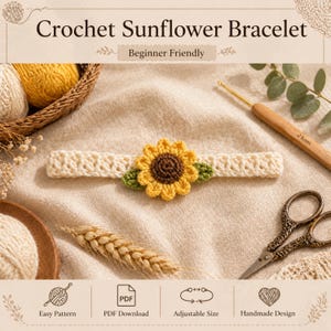 May include: A handmade crochet sunflower bracelet. The bracelet features a cream-colored band with a yellow and brown sunflower in the center, and green leaves. The text "Crochet Sunflower Bracelet" and "Beginner Friendly" are visible.