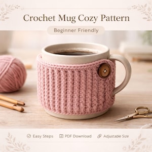 May include: A pink crocheted mug cozy with a wooden button, wrapped around a beige mug filled with coffee. The text "Crochet Mug Cozy Pattern" and "Beginner Friendly" are displayed. Other items include yarn, crochet hooks, and scissors.