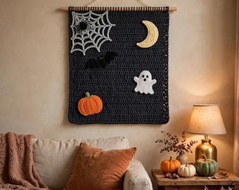 Häkelanleitung für Halloween | Halloween-Wandbehang-Häkelanleitung (PDF), Applikations-Dekor-Set mit Kürbis, Geist, Fledermaus und Spinne, Anleitung für Heimdeko