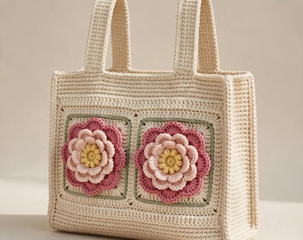 Häkelanleitung für eine 3D-Blumenhandtasche (PDF), Blumenmuster mit Futter und Magnetverschluss, strukturierte Taschenanleitung, Sofort-Download