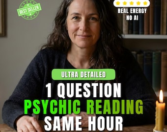 May include: A woman with long brown hair sits at a wooden table with tarot cards. The image includes text that reads "1 QUESTION PSYCHIC READING SAME HOUR" and "REAL ENERGY NO AI". A lit candle and a "BEST SELLER" badge are also visible.