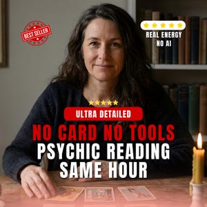May include: Image of a woman with long hair, smiling, with text that reads "NO CARD NO TOOLS PSYCHIC READING SAME HOUR". The image also includes the text "REAL ENERGY NO AI" and "BEST SELLER". Tarot cards are on the table.