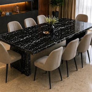 Mesa de comedor rectangular de mármol negro de lujo – Muebles de comedor elegantes y modernos con tablero de piedra Mesa de comedor rectangular de mármol negro –