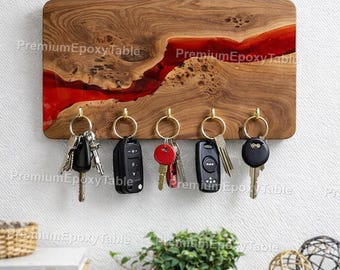 Luxe rode epoxy riviersleutelhanger – Live Edge houten wandorganizer, handgemaakt rustiek sleutelrek, modern decor hal