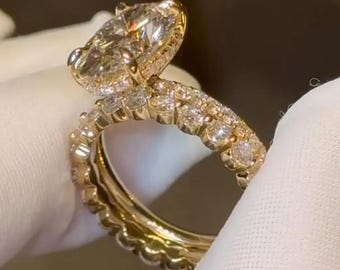 3CT Oval Cut Moissanite Engagement Ring Set, 10k Bridal Jewelry Handmade Jewelry, Unique Wedding Set in Solid Yellow Gold, Matching Ring Set
