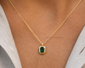 Men’s Emerald Cut Lab-Grown Green Gemstone Necklace Minimalist Gold Finish Pendant Chain Modern Everyday Jewelry, Anniversary Gift for Him