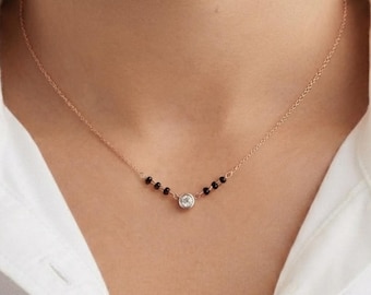 Round Cut Moissanite Diamond Mangal Sutra Necklace, 14k Solid Gold with Black Beads, Minimalist Dainty Jewelry for Everyday, Bridal & Gift