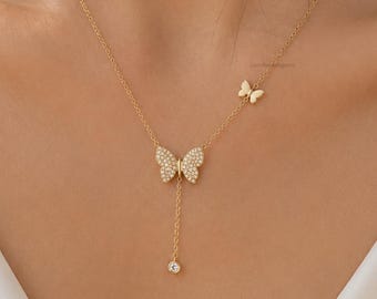 Dainty Butterfly Y Necklace, Pave Butterfly Pendant Necklace, Unique Gold Sparkling Double Butterfly Jewelry, Elegant Gift for Women