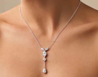 Elegant Pear & Round, Marquise Cut Diamond Lariat Necklace, Dainty Y Drop Pendant, Minimalist Bridal Jewelry, Sparkling Gift for Women