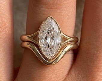 Marquise Cut Lab Grown Diamond Bridal Ring Set, 14K Gold Engagement & Wedding Ring Set, Diamond Bridal Set, Unique Promise Ring for Women